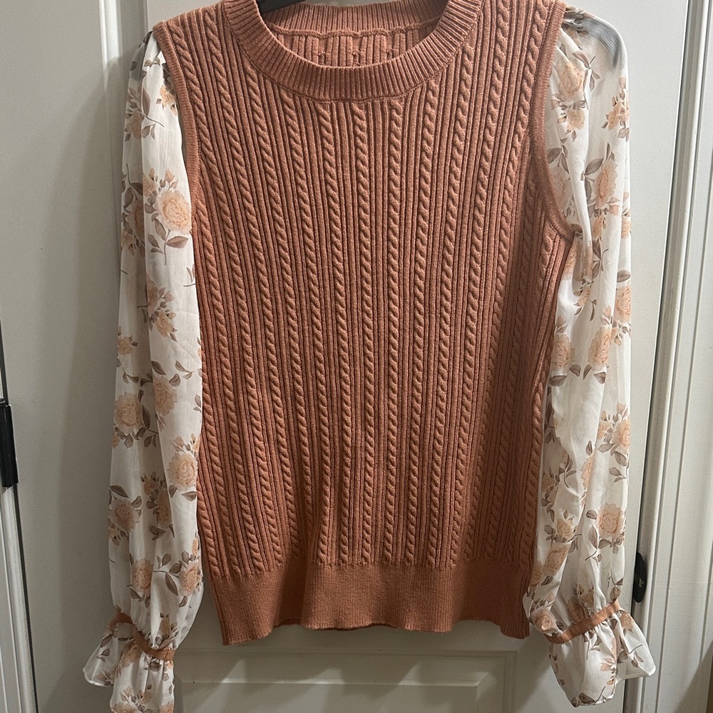 Dusty Rose Ribbed Sweater with Sheer Floral Long Sleeves